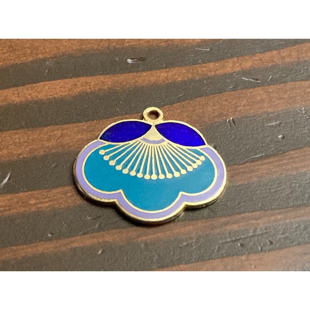 Vintage Laurel Burch Plum Blossom Fan Charm Cloisonne Enamel Turquoise Blue